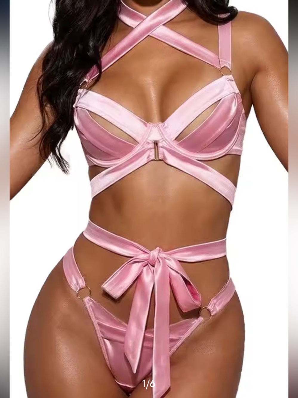 Honey Birdette CLARA KNOCK OFF Pink Satin Strappy Lingerie 2 Piece Set - LARGE